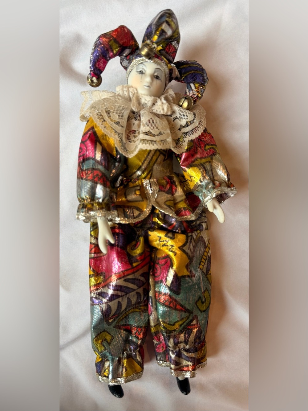 Vintage Style Jester Doll Porcelain Face Harlequin Clown Mardi Gras 11.75”